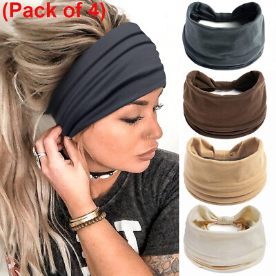#ad 4× Solid Wide Elastic Womens Headbands Turban Sport Yoga Knotted Hair Bands Wrap $12.99