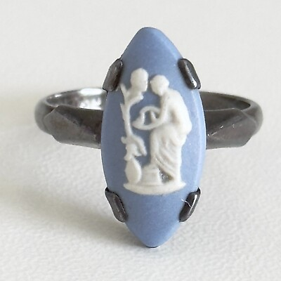 #ad Vintage 925 Sterling Silver Blue Wedgwood Carved Cameo Ladies Band Ring Size 5.5 $49.99