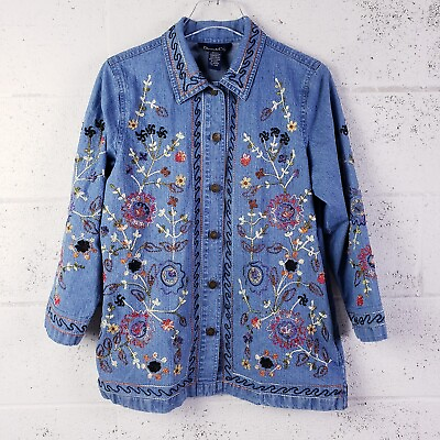 #ad Denim amp; Co Embroidered Demin Shirt Jacket Womens Small Floral Button Front $23.75
