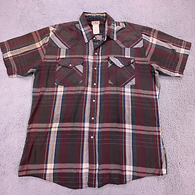 #ad Vintage Western Frontier Shirt Adult Large Plaid Pearl Snap Cowboy Short Sleeve $9.78