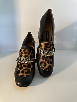 #ad Leopard Leather Loafer Black Heel NEW Nine West Size 6 Animal Print Gold Chain $44.00