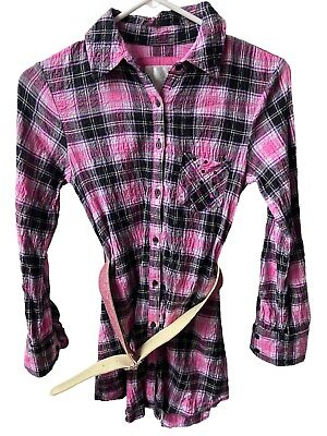 #ad Justice Blouse Girls 10 Plaid Gauzy Button Up Belted tunic top Pink Black $5.24