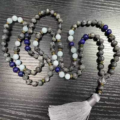 #ad 8mm 108 Natural moonstone Lapis lazuli beads knot necklace Rustic Religious Men $14.31