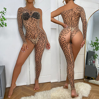 #ad #ad US Womens Leopard Print Unitard Sexy Jumpsuit Sheer Mesh Bodysuit See Through $8.36