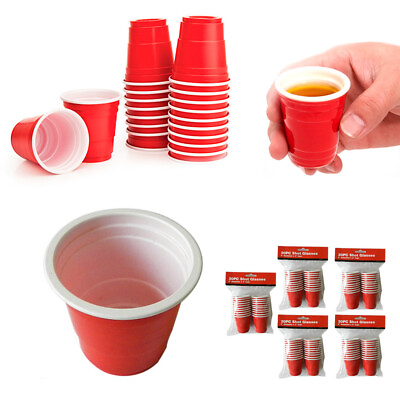 #ad 100 Mini Red Cups 2oz Plastic Shot Glasses Jelly Drink Party Disposable $8.49