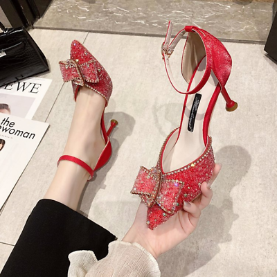 #ad Ankle Strap Women Pointed Toe Summer Stiletto New Heel Rhinestones Shiny Sandals $37.26