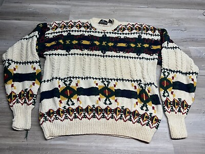 #ad Vintage 90s Structure Chunky Cable Knit XL Grandpa Sweater Heavy Multi Color $28.99