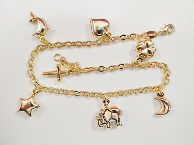 #ad 18K YELLOW GOLD FILLED CABLE CHAIN LADIES MULTI CHARM ANKLET BRACELET $28.48