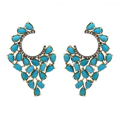 #ad Natural Pave Diamond Turquoise Gemstone Earring 925 Silver Fine Jewelry $285.47