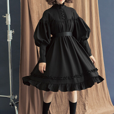 #ad Womens Vintage Gothic Lolita Dress Loose Puff Sleeve Pure Color Princess Dresses $33.99