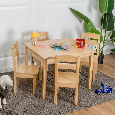#ad Kids 5 Piece Table Chair Set Pine Wood Children Play Room Furniture Natural New $102.99
