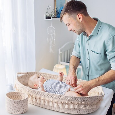 #ad Rolife Beige Cotton Hemp Baby Diaper Changing Basket Tassel Removable Foam Pad $39.99
