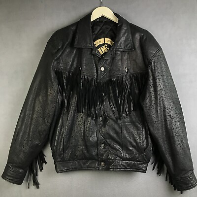#ad Vintage Leather Jacket Womens Small Black Fringe Pockets Lined Genuine Biker $150.00