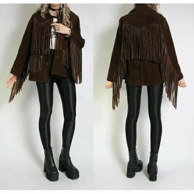 #ad Western Wear Coat Women Vintage Brown Suede Leather Jacket Ladies Native Fringe $225.99