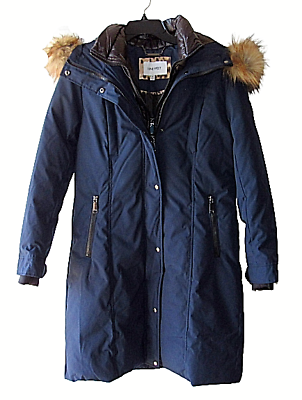 #ad Nine West Size M New Blue Heavy Layered Faux Fur Trim Hooded Coat $61.95