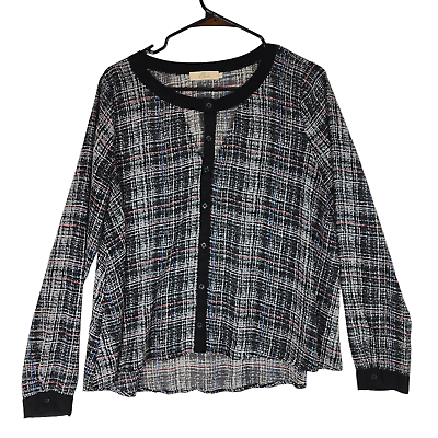 #ad Elodie Long Sleeve Blouse Top L Women Plaid Black White Red Blue Sheer Office $20.00