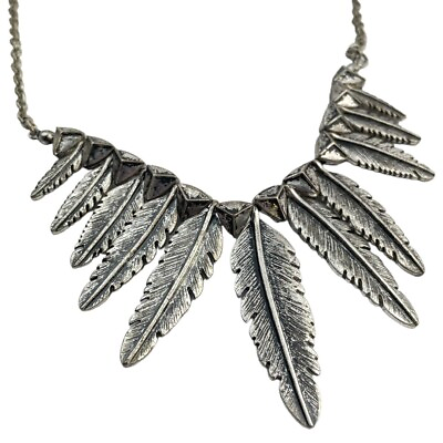 #ad Women#x27;s Metal Statement Necklace Feather Bib Silver Tone Boho Festival Style $11.69