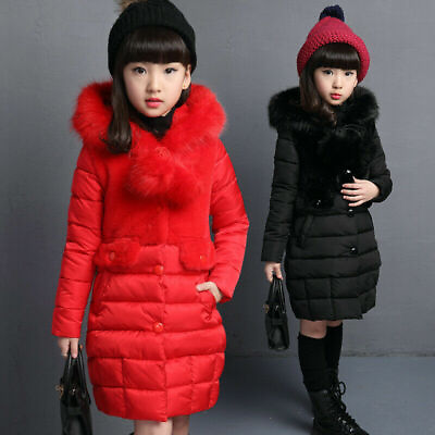 #ad Winter Girls Kids Warm Coat Padded Jacket Faux Fur Hooded Long Parka Coat $41.79