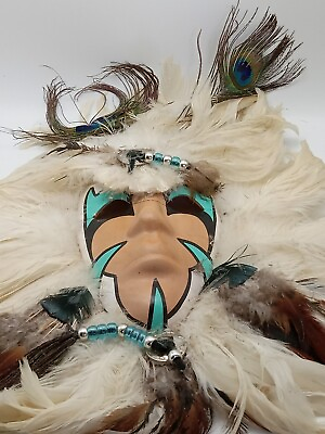 #ad Vtg. Native American Pottery Mask White Peacock Feathers Conchos Beads Read $50.00