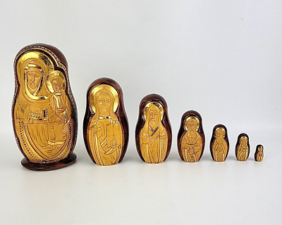 #ad Matryoshka Russian Nesting Doll Set Religious lcons Hand Carved Wood Gold Signed $125.00