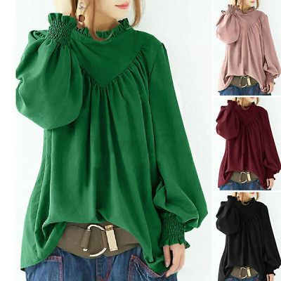 #ad Women Long Sleeve Ruffles Shirt Casual Loose Tops Smocked Blouse Pullover $22.99