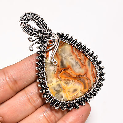 #ad Yellow Crazy Lace Agate 925 Sterling Silver Wire Wrapped Pendant 2.9quot; rg 3437 $18.05