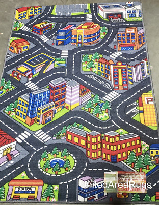 #ad 5x7 Area Rug Play Road Driving Time Street Car Kids City Map Parking New Gray $99.99