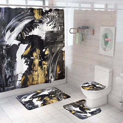 #ad Abstract Bathroom Rug Set Shower Curtain Non Slip Toilet Lid Cover Bath Mat $96.12