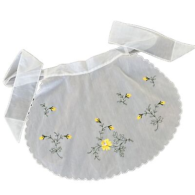 #ad Vintage Half Apron Sheer White Embroidered Yellow Flowers Scallop Sexy $19.99