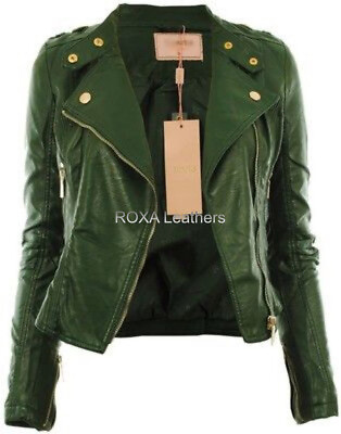 #ad SEXY Look Women#x27;s Genuine Lambskin Real Leather Jacket Biker Designer Green Coat $119.20