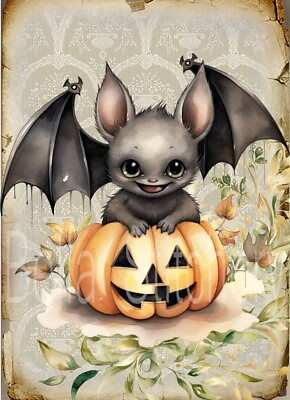 #ad Handmade 8x10 Halloween Bat and Jack o Lantern Collage Cotton Craft Fabric Block $14.80