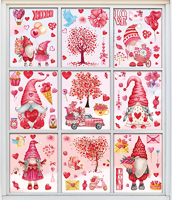 #ad 9 Sheets Valentine#x27;S Day Window Clings Pink Love Gnomes Heart Tree Prints Win... $14.99