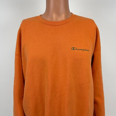 #ad Champion Basic Crewneck Sweatshirt Vtg 90s Script Logo Orange Size L $31.49