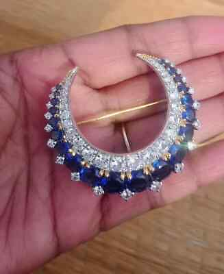 #ad 3Ct Cut Round Lab Created Sapphire Moon Pin Brooch 14K Yellow Gold Plated $163.99