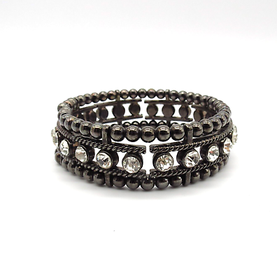 #ad Black Metallic Bead Bracelet 7.5quot; Clear Crystal Rhinestones Boho Bangle $7.64