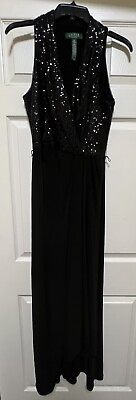 #ad Lauren Ralph Lauren Black Sequin Sleeveless Gown Dress Wrap Lined Women’s 6 $45.00