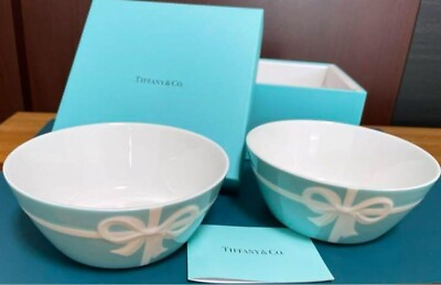 #ad TIFFANY amp; CO Bone China Blue Bow Ribbon Bowls 2pc Set Pair Tableware w box $114.00