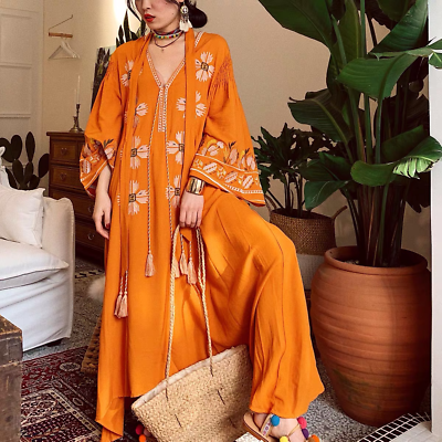 #ad Women Maxi Dress Cotton Linen Boho V Neck Ethnic Embroidered Vacation Retro New $42.43