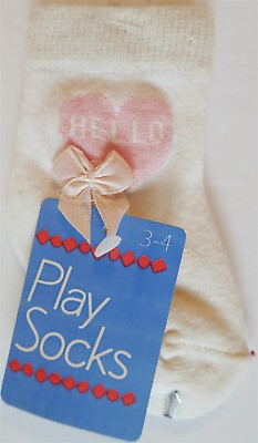 #ad VTG NWT Mothercare White Play Socks Girl 3 4 Pink Heart HELLOBOW Taiwan Stretch $14.95