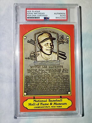 #ad Eddie Mathews Signed Autograph Yellow amp; Red HOF Cooperstown Plaque PSA DNA $69.95