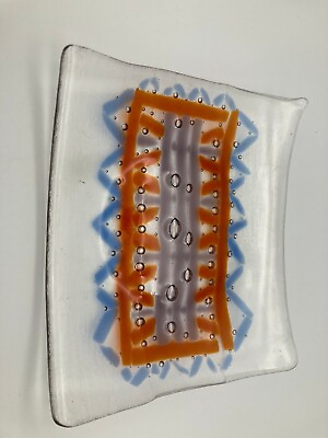 #ad Fused glass platter with primitive pattern in orange blue and purple. Control $10.00