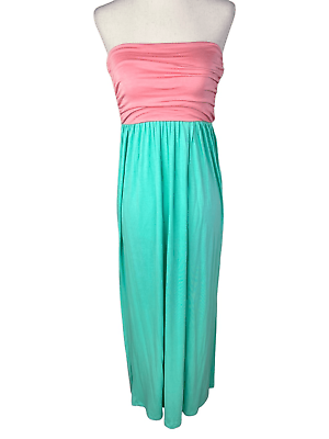 #ad Heart#x27;s pink amp; green strapless size small empire waist ladies maxi dress $15.00