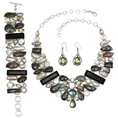#ad Shiney Labradorite White Topaz 925 Silver Jewelry Necklace Set 16 18#x27;#x27; C $226.49