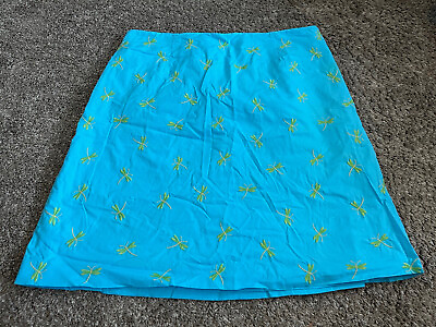 #ad TALBOTS A Line Cotton Skirt 12 Lined Embroidered Dragonfly Side Zip Blue Green $5.99