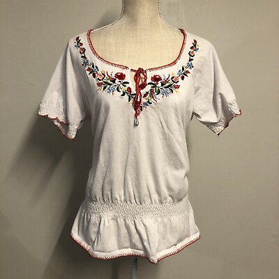 #ad RXB To Womens Size Large White Embroidered Keyhole Neck Short Sleeve Boho Floral $13.88