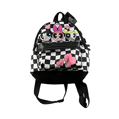 #ad Powerpuff Girls Mini Backpack White Black Cartoon Network Faux Leather Check $54.88