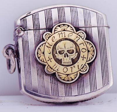 #ad Antique Silver Vesta Case Victorian Memento Mori Skull Engraved c1890#x27;s RARE $1488.93