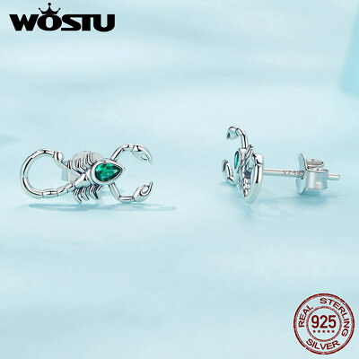 #ad Wostu 925 Sterling Silver Green Zircon Scorpion Studs Earrings Party Women Gift $7.56