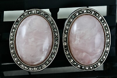 #ad Large Oval Pink Moonstone Rhiniestone Costume Clip On Earrings $50.00