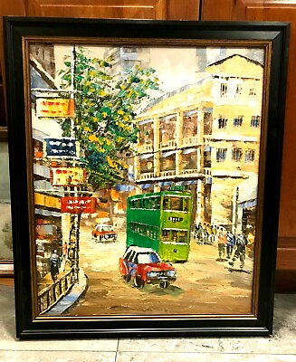 #ad Vintage Oil Painting 24x20 Canvas Bright Cityscape Street Scene People Bus Frame $145.00